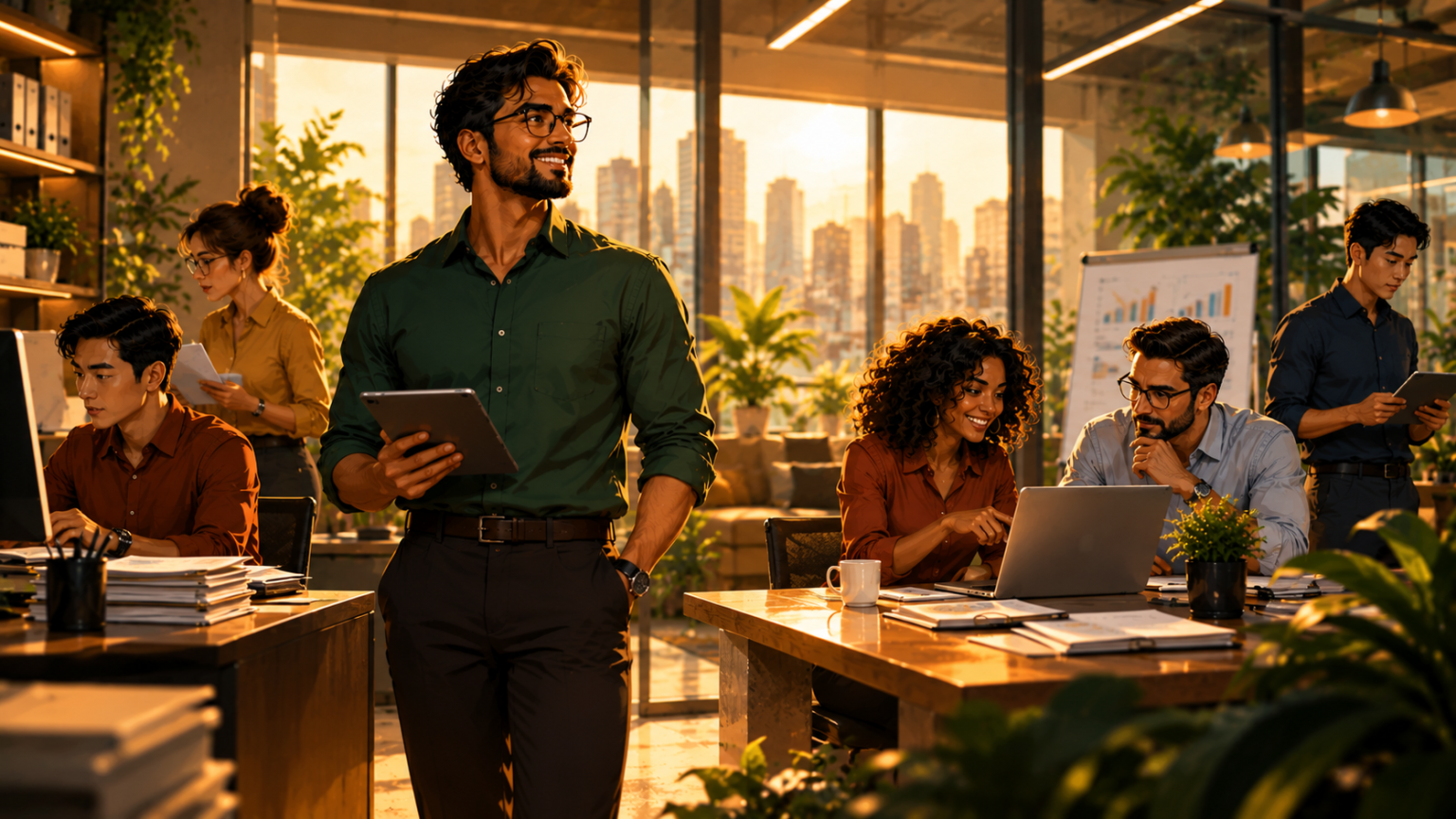 Golden-Hour Teamwork in a Modern Office